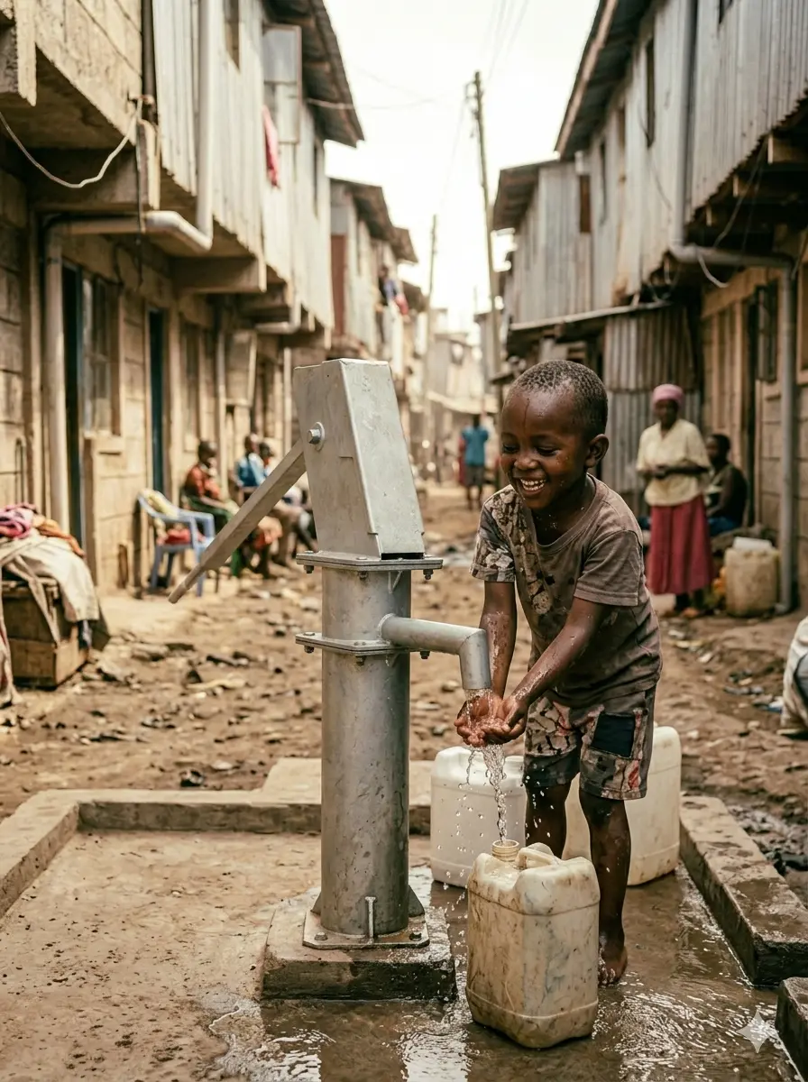 A child enjoying water from a pump