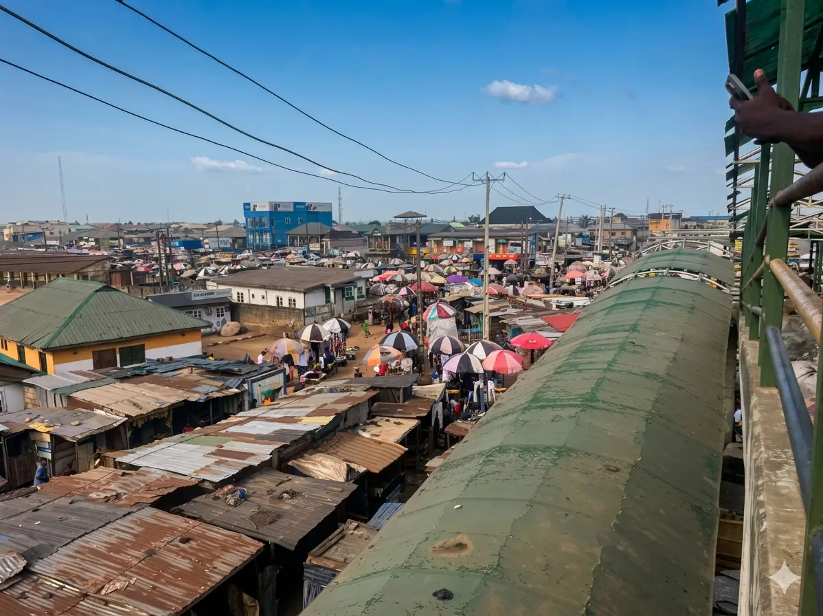 A sky view from a polluted market